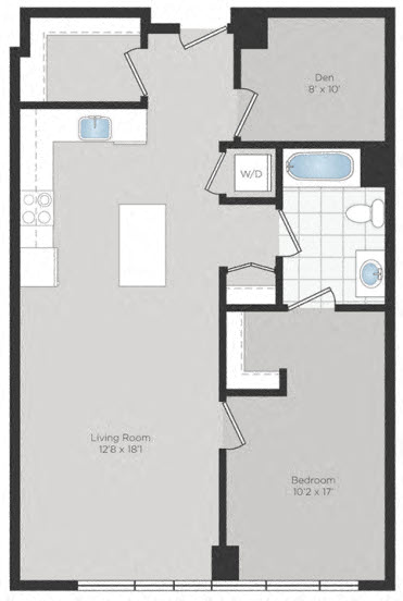Floor plan for 1 bed, 1 bath, 868 sqft